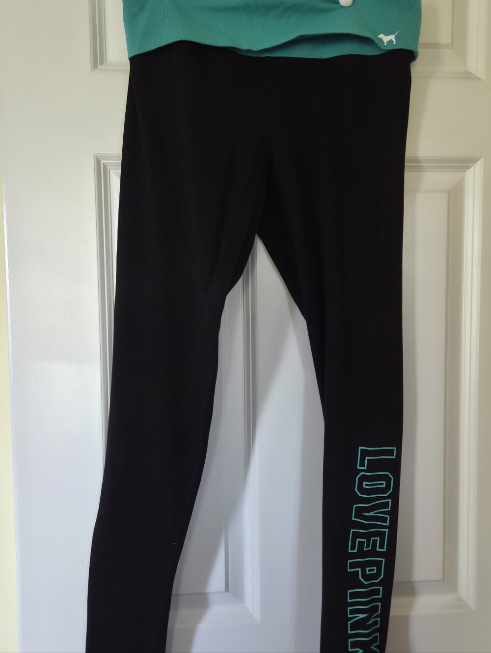 PINK Victoria's Secret Black Leggings with Teal LOVE PINK Side Print